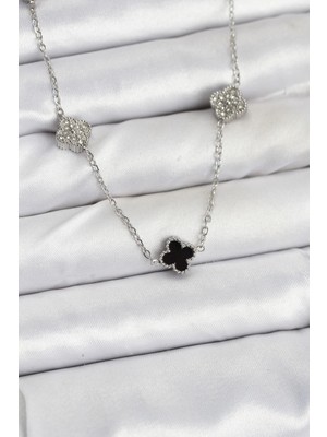 Bazarhane 316L Çelik Zincir Gümüş Renk Siyah ve Zirkon Taşlı Baby Boy Yonca Kadın Kolye