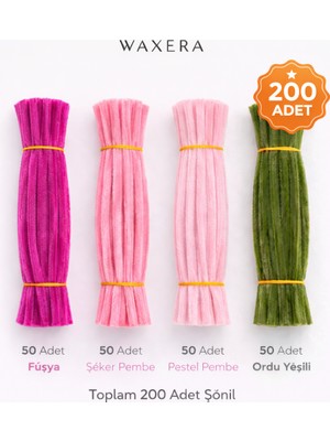 Waxera 200 Adet Renkli Şönil Seti – Fuşya, Şeker Pembe, Pastel Pembe ve Ordu Yeşili | Çiçek Yapımı ve Hobi Seti