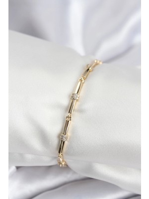 Bazarhane Pirinç Vıp Seri Gold Renk Parçalı Model Zirkon Taşlı Kadın Bileklik