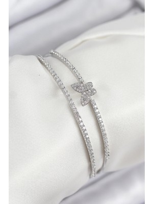 Bazarhane Pirinç Zirkon Taşlı Kelebek Model Gümüş Renk Kadın Bileklik