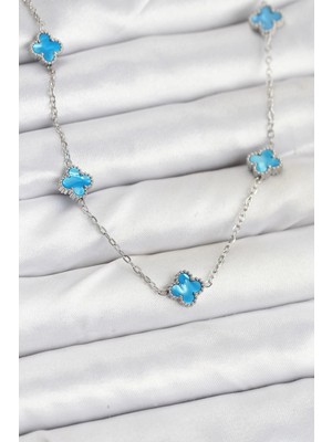 Bazarhane 316L Çelik Zincir Gümüş Renk Buz Mavisi Baby Boy Yonca Kadın Kolye