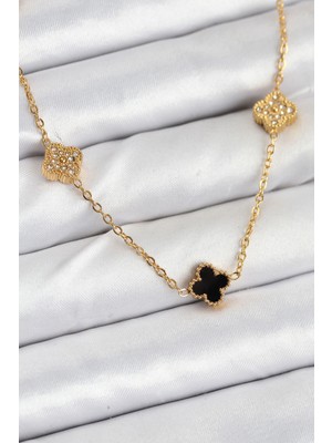 Bazarhane 316L Çelik Zincir Gold Renk Siyah ve Zirkon Taşlı Baby Boy Yonca Kadın Kolye