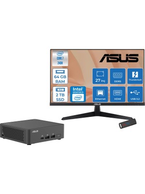 Asus Nuc 15 Pro Slim Kit Intel Core 7-240H 5.2ghz Up 64GB Ddr5 2tb SSD Intel® Graphics Asus 120Hz IPS 27 Inç Fhd Mon. Freedos Mini Masaüstü Bilgisayar RNUC15CRKC70000227F24+ZETTAUSBBELLEK