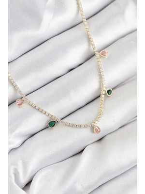 Bazarhane Pirinç Zirkon Taşlı Su Yolu Damla Model Gold Renk Kadın Kolye