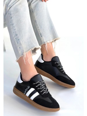 Indispensablely Zerti Siyah Cilt Bağcıklı Spor Ayakkabı