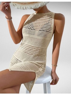 AlanTeks Ajurlu Desen Bikini Üstü Bisiklet Yaka Kolsuz Plaj Elbisesi