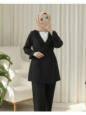 Moda Morfo Kolu Lastikli Önü Fırfırlı Bağcıklı Krinkıl Kimono Takım -Siyah