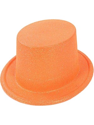 AyrStore Buğz Floresan Turuncu Renk Simli Uzun Fötr Melon Şapka 12 cm