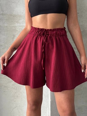 Indispensablely Volanlı Keten Şort Bordo S255058
