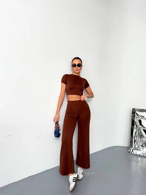 Marsilyan Osy Modal Yumuşak Dokulu Kumaş Kısa Kollu Crop Alt Ispanyol Paça Pantalon Ikili Takım - Kahverengi -