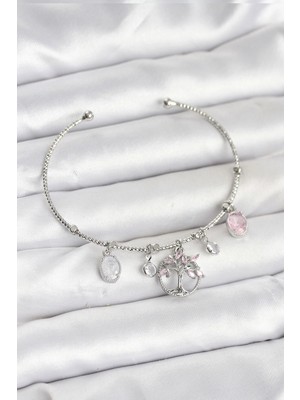 Bazarhane Hayat Ağacı Charmlı Gümüş Renk Pirinç Kadın Bileklik