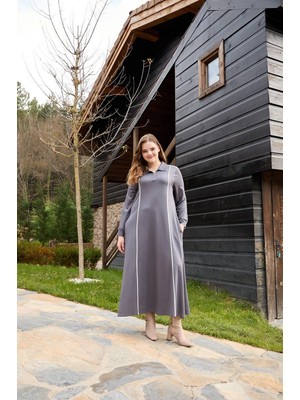 Moda Kristal Kumaş Yarım Fermuarlı Tesettür Elbise Cep Detaylı Rahat Kalıp Uzun Günlük Tesettür Elbise 130 cm