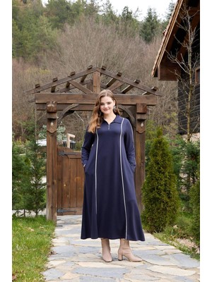 Moda Kristal Kumaş Yarım Fermuarlı Tesettür Elbise Cep Detaylı Rahat Kalıp Uzun Günlük Tesettür Elbise 130 cm