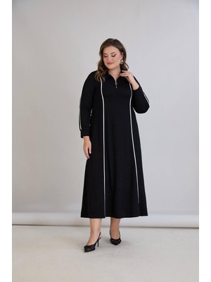 Moda Kristal Kumaş Yarım Fermuarlı Tesettür Elbise Cep Detaylı Rahat Kalıp Uzun Günlük Tesettür Elbise 130 cm