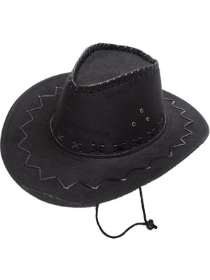 AyrStore Buğz Bağcıklı Çocuk Boy Nubuk Süet Kovboy Şapkası Siyah Renk