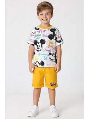 Riccotarz Erkek Çocuk Ayıcık Desen ve Renkli Yazılarla Penye T-Shirt Sarı Şortlu Takım