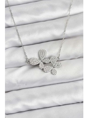 Bazarhane 316L Çelik Zincir Gümüş Renk Zirkon Taşlı Kelebek Model Kadın Kolye