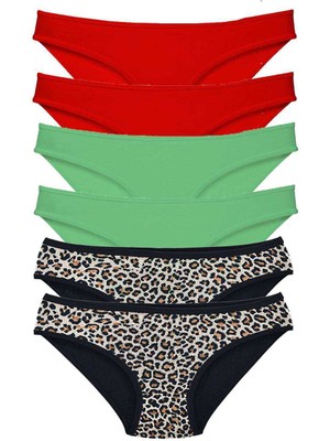 Aesco 6 Adet Likralı Kadın Slip Külot Leopar Kırmızı Yeşil