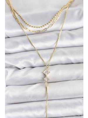 Bazarhane Pirinç Gold Renk Zirkon Taş Detaylı 3'lü Kombin Y Kadın Kolye