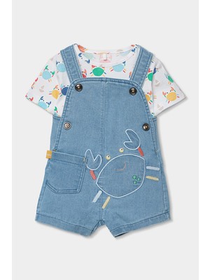 Boboli Yengeç Desenli Denim Salopet Set 6-24 Ay Mavi