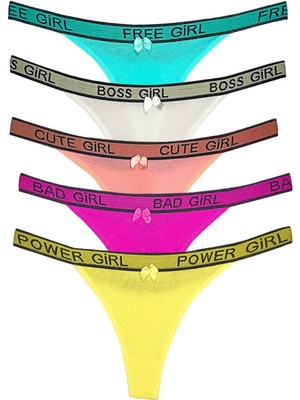 Aesco 5 Adet Beli Yazılı Pamuk Kadın Tanga String Külot