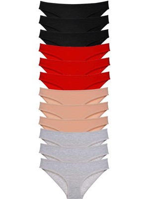 Aesco 12 Adet Süper Eko Set Likralı Kadın Slip Külot Siyah Kırmızı Ten Gri