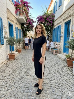 Flamex Kadın Bisiklet Yaka Yanı Parça ve Yırtmaç Detay Midi Boy Elbise