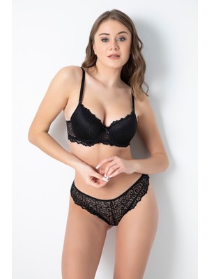 Aesco Siyah Destekli Slip Külotlu Dantelli Sütyen Takımı 4007