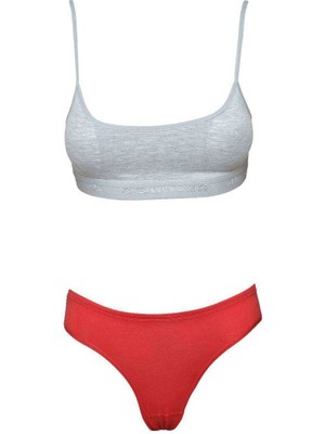 Aesco Pedli Ip Askılı Yarım Atlet Büstiyer Külot Takım Gri Kırmızı