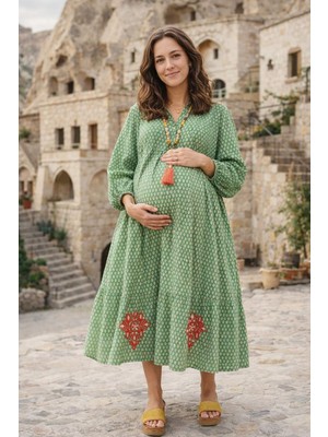 Park Moda %100 Pamuklu Gizli Cepli ve Nakışlı Desenli Yeşil Hamile Gömlek Elbise
