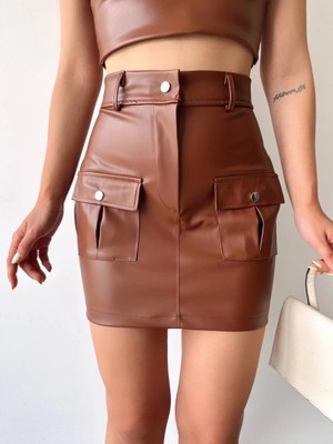 Indispensablely Önden Iki Cepli Deri Etek Kahve H240040
