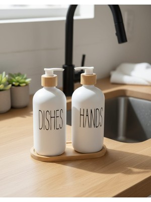 Veyla Style 2'li Sıvı Sabun ve Bulaşık Deterjanı Seti 500 ml Hacimli Bambu Kapak ve Ahşap Standlı