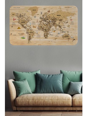 Beta Moda Hub Ahşap Görünümlü Türkçe Eğitici Detaylı Atlası Dünya Haritası Duvar STICKER-85X130-3843