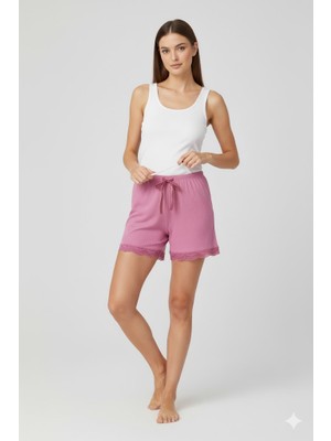 Aesco Bambu Fitilli Kadın Ev Şortu Bacak Dantel Detaylı Ev Giyim Pembe