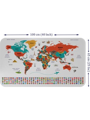 Beta Moda Hub Türkçe Ülke Bayrak Lı Eğitici Başkent Detaylı Atlası Dünya Haritası Duvar Sticker -60X105-3858