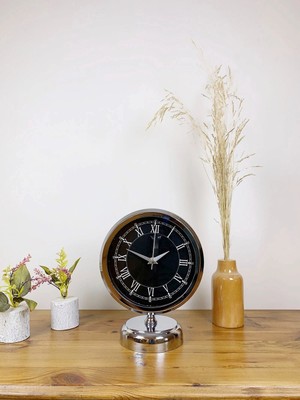 Epilons Mey Ithalat® Krom Metal Siyah Masa Saati 25×20 cm