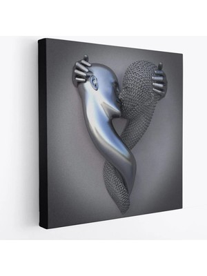 Beta Moda Hub Metalik Efektli Kanvas Tablo, Romantik Beden, Aşk Sanatı, 3D Efektli Gümüş Insan-