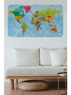Beta Moda Hub Türkçe Eğitici Ülke ve Başkent Okyanus Detaylı Atlası Dünya Haritası Duvar Sticker -85X130-3870