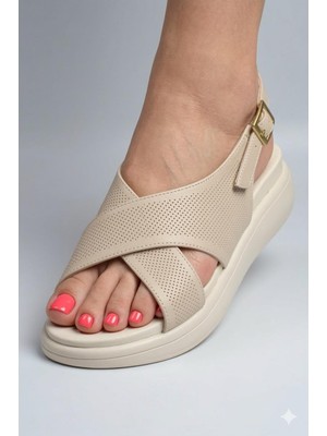 Shoemix Kadın Bej Yumuşak Tabanlı Çapraz Bantlı Anatomik Comfort Ayakkabı Sandalet