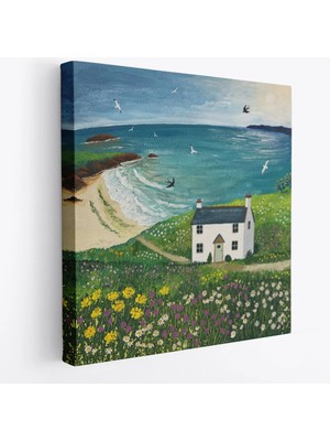 Beta Moda Hub Ingiltere Sahilindeki Beyaz Külübe, Martılar ve Çiçekler Kanvas Tablo-