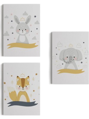 Beta Moda Hub 3’lü Tablo Sevimli Hayvanlar Temalı Takım Dekoratif Duvar Tablo Seti-Br-