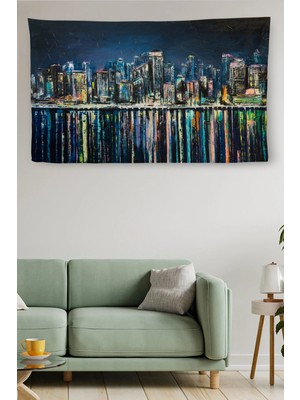 Beta Moda Hub Duvar Örtüsü Şehirde Gece Yağlıboya Görünümlü Kaliteli Kanvas Duvar Halısı-