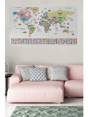 Beta Moda Hub Türkçe Ülke Bayrak Lı Eğitici Başkent Detaylı Atlası Dünya Haritası Duvar STICKER-85X130-3859
