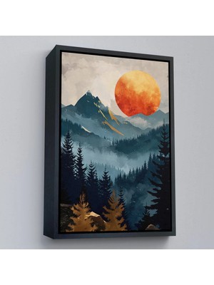 Beta Moda Hub Ahşap Çerçeveli Dağların Üstündeki Güneş Manzarası Tablo-