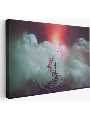 Beta Moda Hub Gökyüzüne Giden Kırık Merdivenlerde Duran Genç Kadın Kanvas Tablosu-