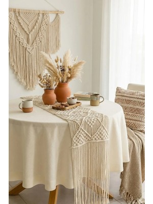 Beta Moda Hub Yuvarlak Gardenya Krem Keten Dokulu Masa Örtüsü Leke Tutmaz, Yumuşak Yüzey 80 cm