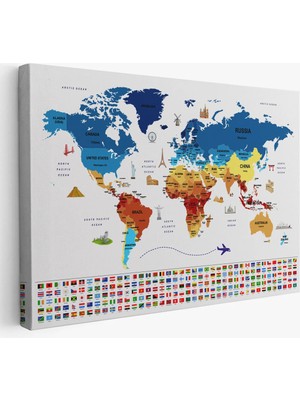 Beta Moda Hub Dünya Haritası Ülke Bayraklı ve Başkentli Kanvas Tablo