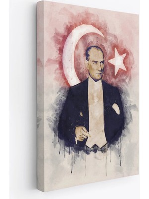 Beta Moda Hub Mustafa Kemal Atatürk ve Türk Bayrağı Suluboya Görünümlü Dekoratif Kanvas Tablo-Cy-