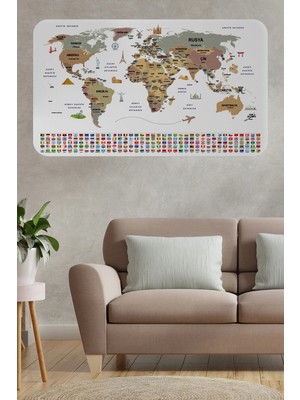 Beta Moda Hub Türkçe Ülke Bayrak Lı Eğitici Başkent Detaylı Atlası Dünya Haritası Duvar STICKER-85X130-3862