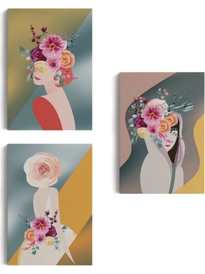 Beta Moda Hub Renkli Çiçekli Kadınlar Dekoratif Duvar Tablosu Üçlü Set-Dj-